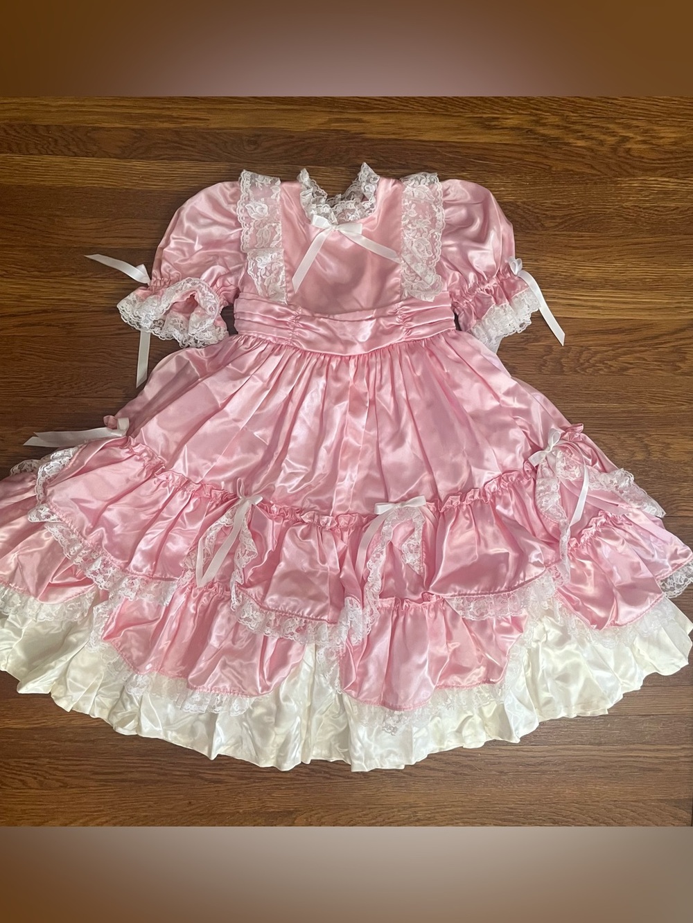 Vtg Handmade Pink Satin Lace Ruffle Dress 5/6 Pageant bow cupcake coquette